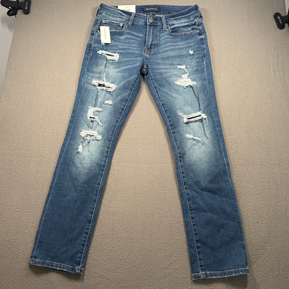 Aeropostale Slim Stretch Jeans Mens Size 30x30 Blue Distressed 129275